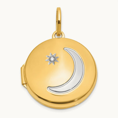 Diamond Moon & Star Round Locket, 20mm, 14K with White Rhodium