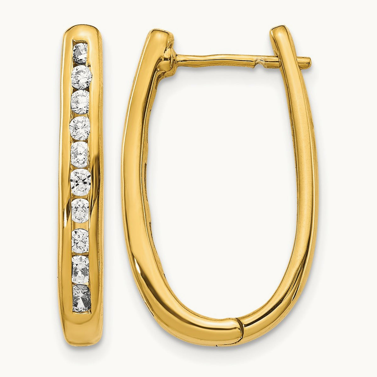 Diamond Oval Hinged Hoop Earrings — 14K Yellow Gold
