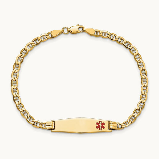 Medical Semi-solid Soft Diamond Shape Red Enamel Anchor ID Bracelet, 14K