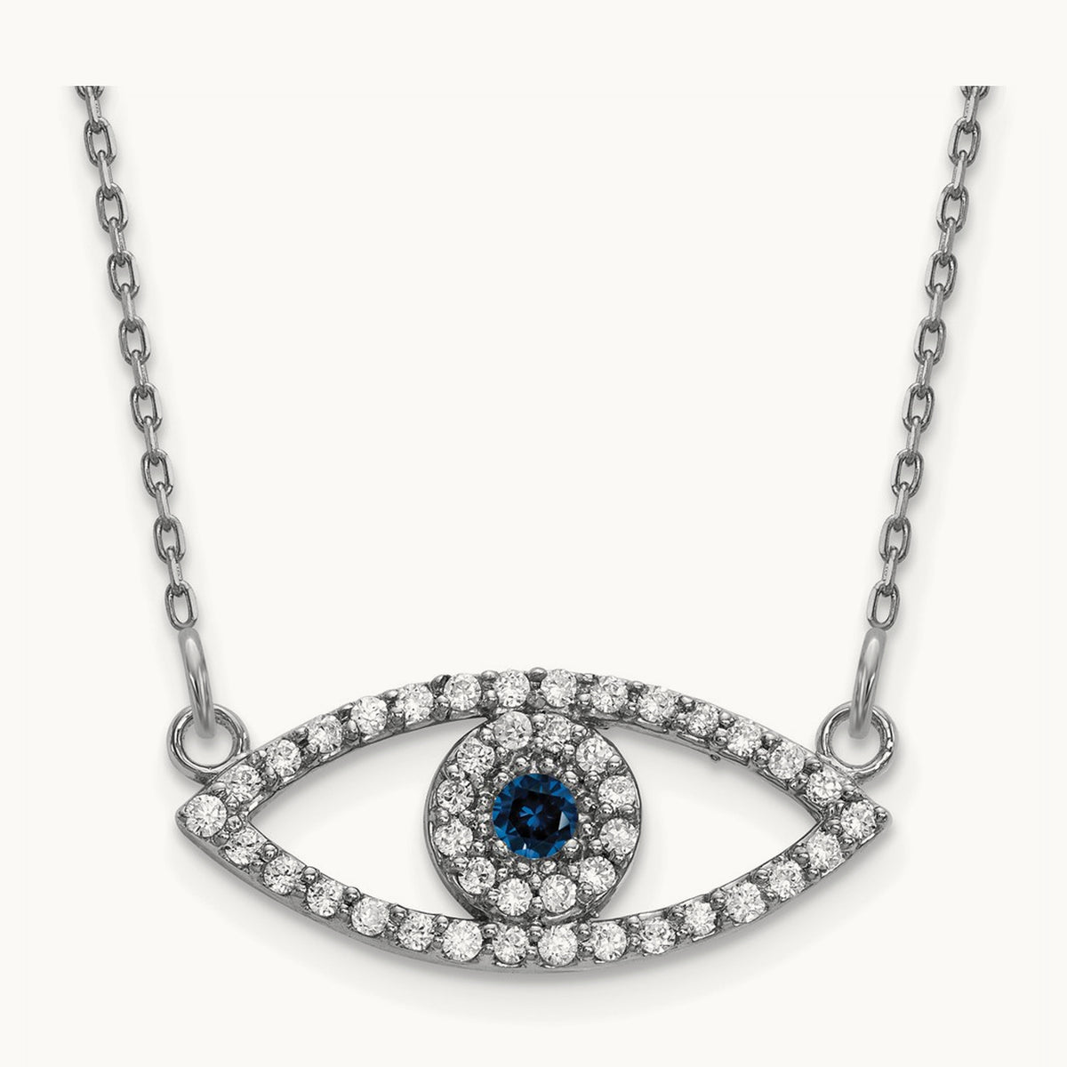 Small Necklace Diamond and Sapphire Evil Eye, 14K White Gold