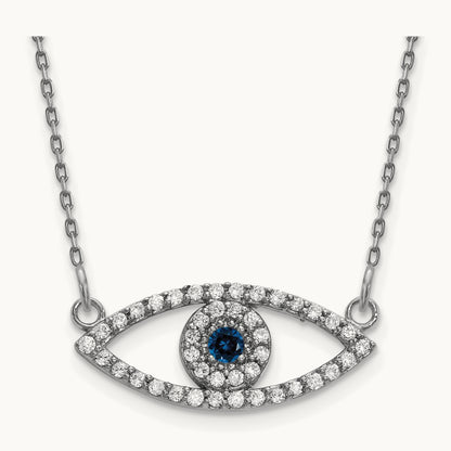 Small Necklace Diamond and Sapphire Evil Eye, 14K White Gold