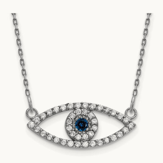 Small Necklace Diamond and Sapphire Evil Eye, 14K White Gold