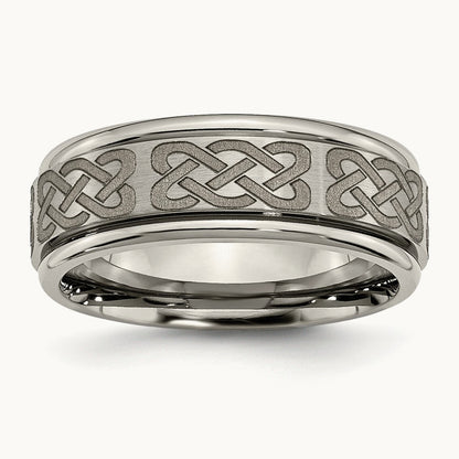 Brushed & Polished Celtic Laser Design Ridged Edge Band — photo set