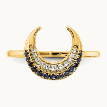 Polished Sapphire and Diamond Moon Ring, 14K