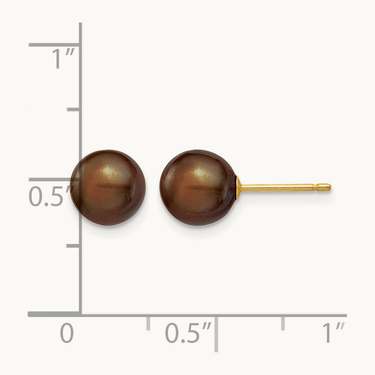 7- Brown Round Freshwater Cultured Pearl Stud Post Earrings, 8mm, 14K