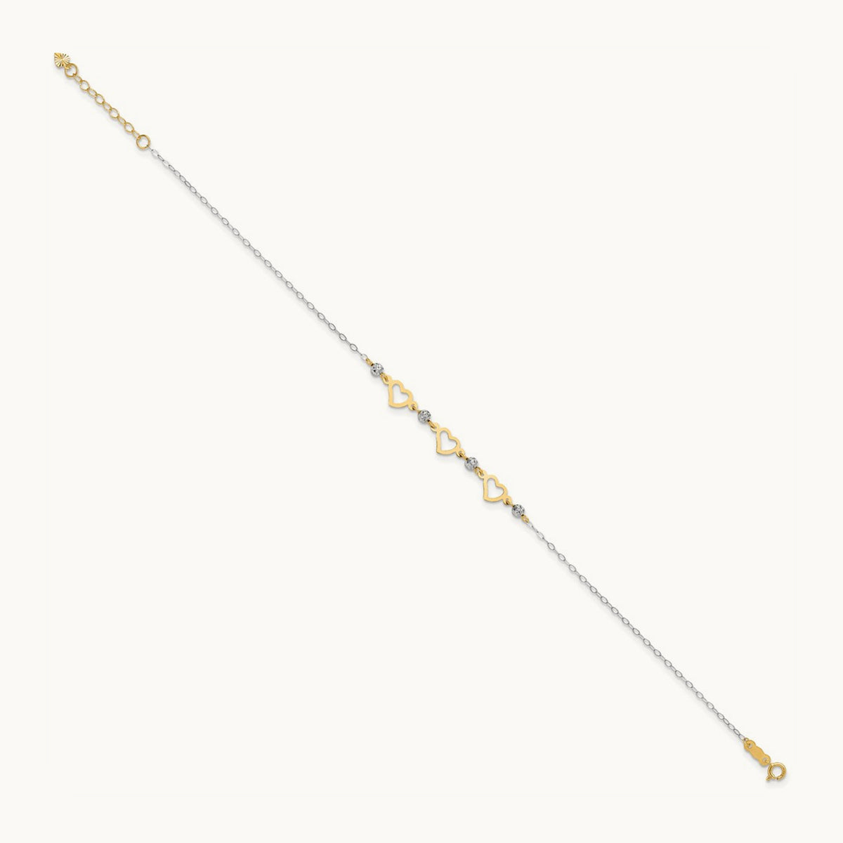 Oval Link Diamond-cut Beads and Heart 9in Plus 1in Ext Anklet, 14K Two-tone