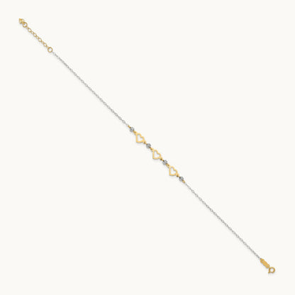 Oval Link Diamond-cut Beads and Heart 9in Plus 1in Ext Anklet, 14K Two-tone