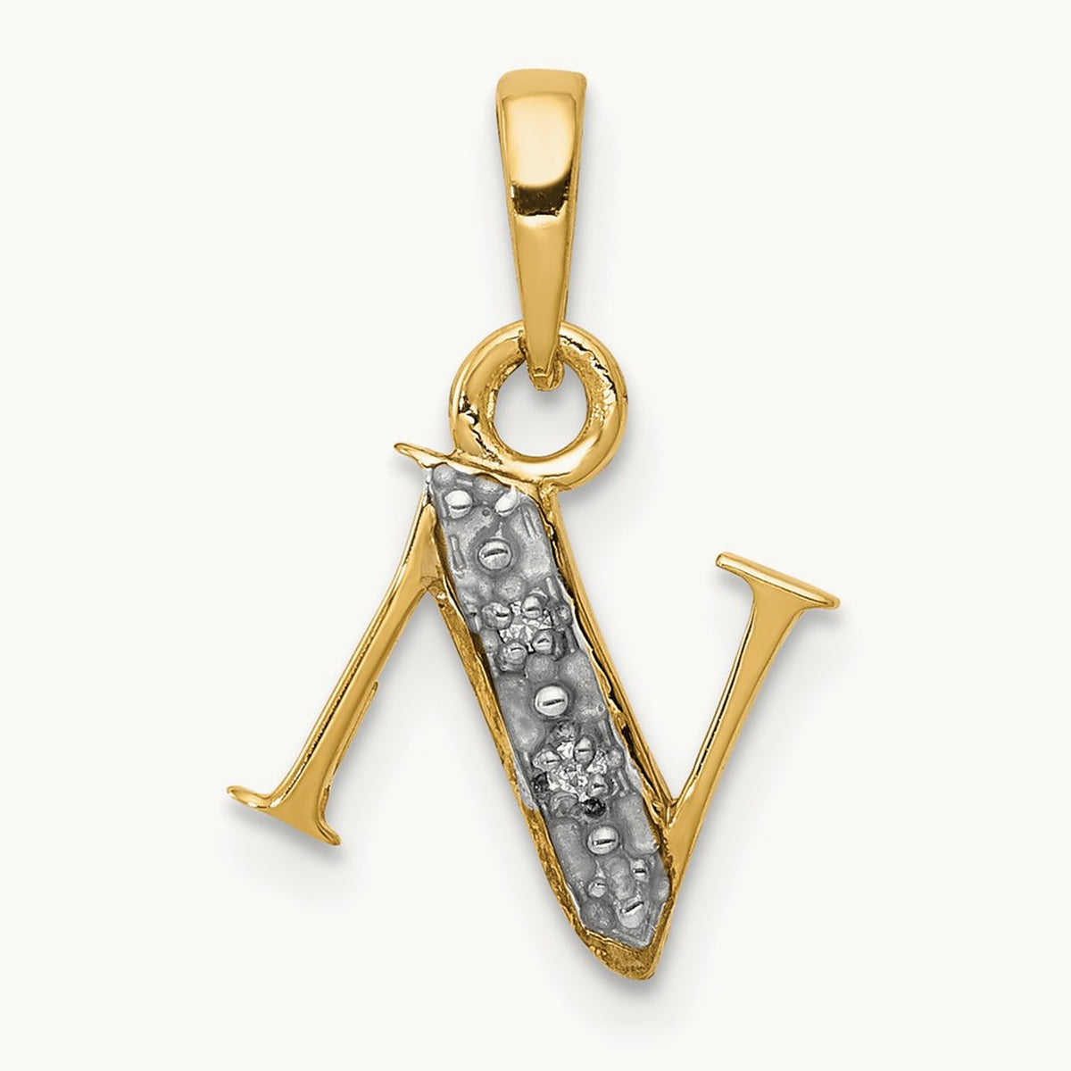 Diamond Letter N Initial Pendant, 14K Yellow Gold with Rhodium