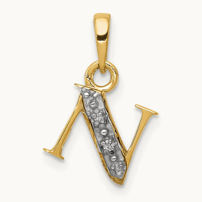 Diamond Letter N Initial Pendant, 14K Yellow Gold with Rhodium