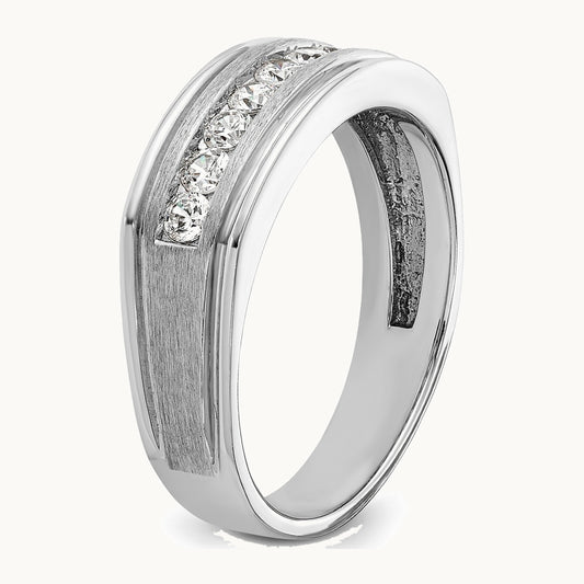 IBGoodman 14K White Gold Men's Polished Brushed and Grooved 9-Stone 1/2 Carat AA Quality Diamond Ring