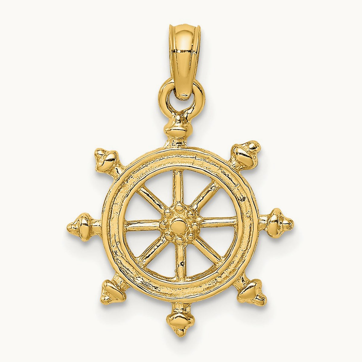 2-D Textured Ship Wheel Charm, 14K