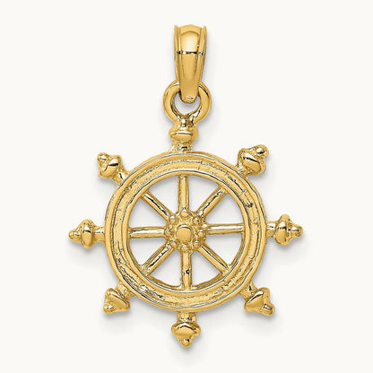 2-D Textured Ship Wheel Charm, 14K