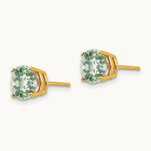 Round Checker-Cut Green Quartz Earrings, 7mm, 14K
