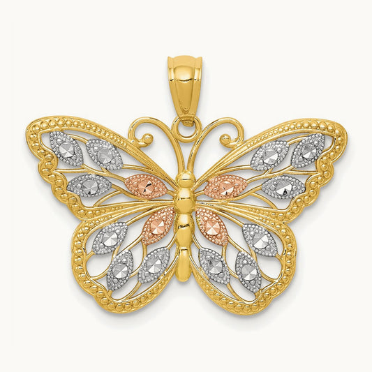 w/White and Rose Rhodium Diamond-cut Butterfly Pendant, 14K