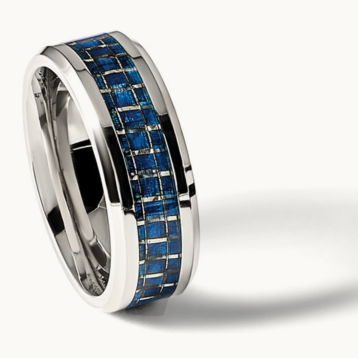 Polished with Blue Carbon Fiber Inlay Beveled Edge Band — photo set