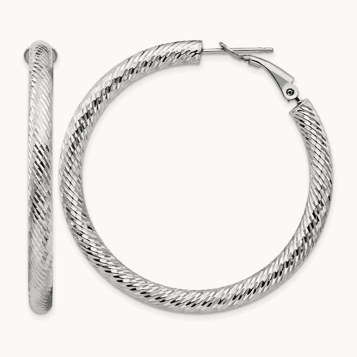 Diamond-cut Round Omega Back Hoop Earrings — 14K White Gold, 4x45mm