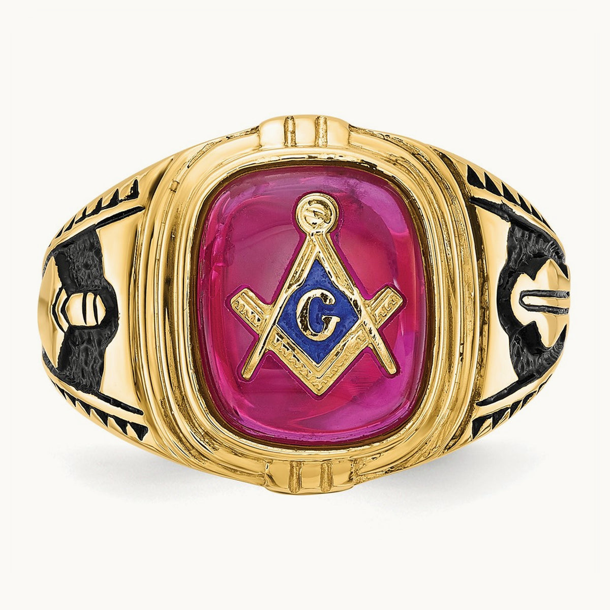 Men's Textured w/ Black Enamel & Lab Cr. Ruby Masonic Ring, 14K