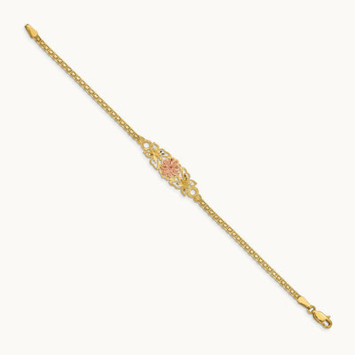Brushed & Polished Butterfly & Flowers Bracelet, 14K Two-tone