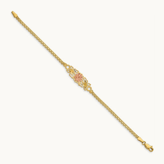 Brushed & Polished Butterfly & Flowers Bracelet, 14K Two-tone