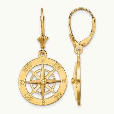 Nautical Compass Leverback Earrings, 14K