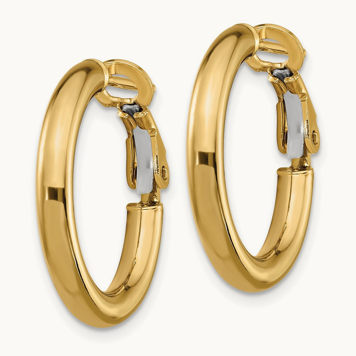 Polished Round Omega Back Hoop Earrings — 14K Yellow Gold, 3x22mm