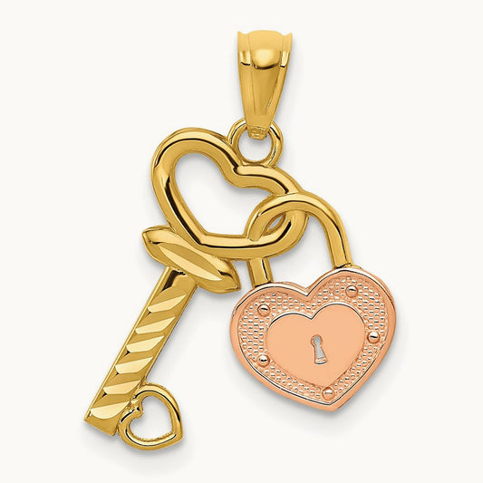 Heart Lock and Key Pendant, 14K Two-tone