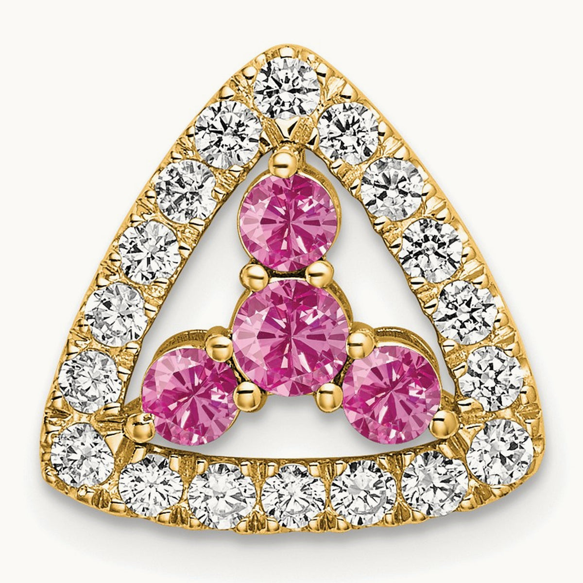 Created Pink Sapphire Triangle Pendant, 0.25 ct tw Lab-Grown Diamond — 14K Yellow Gold