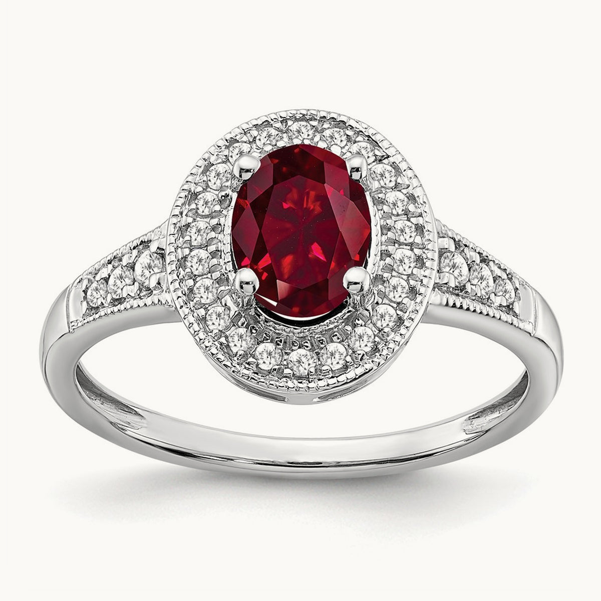 Oval Created Ruby and Diamond Halo Ring, 14K White Gold