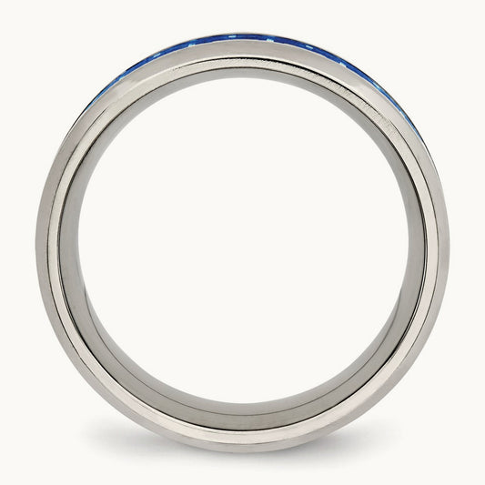Polished w/Blue Carbon Fiber Inlay Beveled Edge Band, 8mm, Stainless Steel