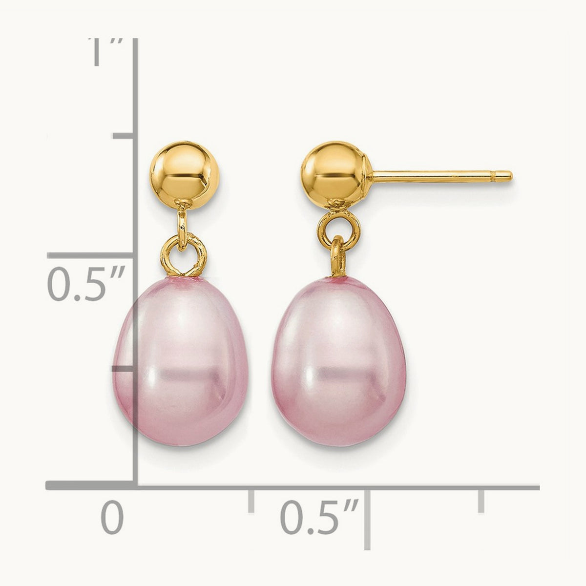 7- Purple Rice Freshwater Cultured Pearl Post Dangle Earrings, 8mm, 14K