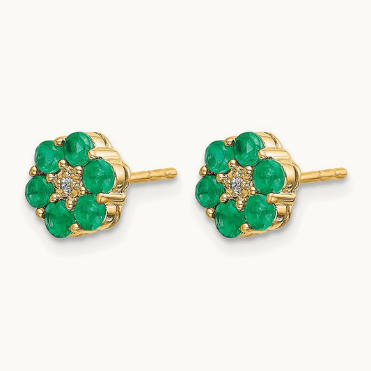 Emerald and Diamond Post Earrings, 14K with Rhodium