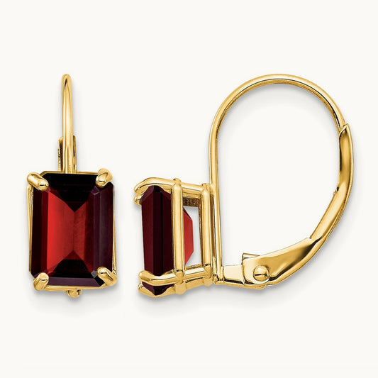 7x5mm Emerald Cut Garnet Leverback Earrings, 14K
