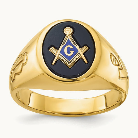 IBGoodman Men's Grooved Onyx Blue Lodge Master Masonic Ring, 14K