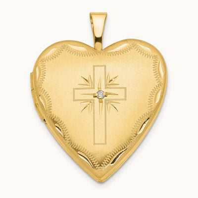 Diamond Satin & Diamond-cut Cross Heart Locket — 14K Yellow Gold