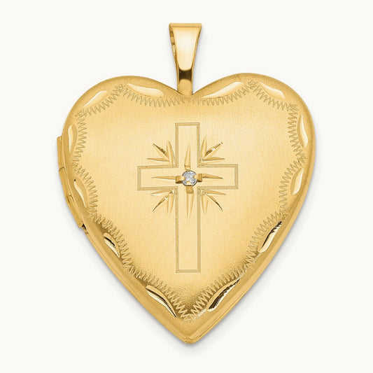 Diamond Satin & Diamond-cut Cross Heart Locket — 14K Yellow Gold