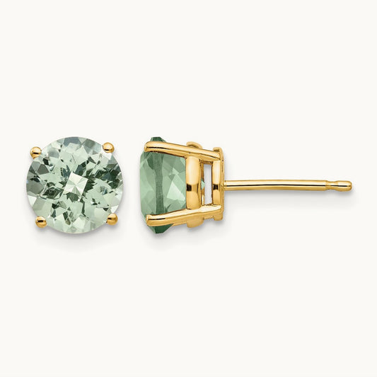 Round Checker-Cut Green Quartz Earrings, 7mm, 14K