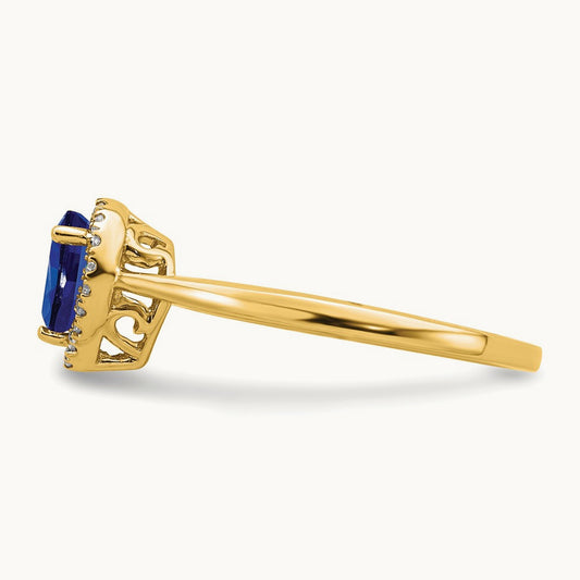 Pear Sapphire and Diamond Halo Ring — 14K Yellow Gold, 7