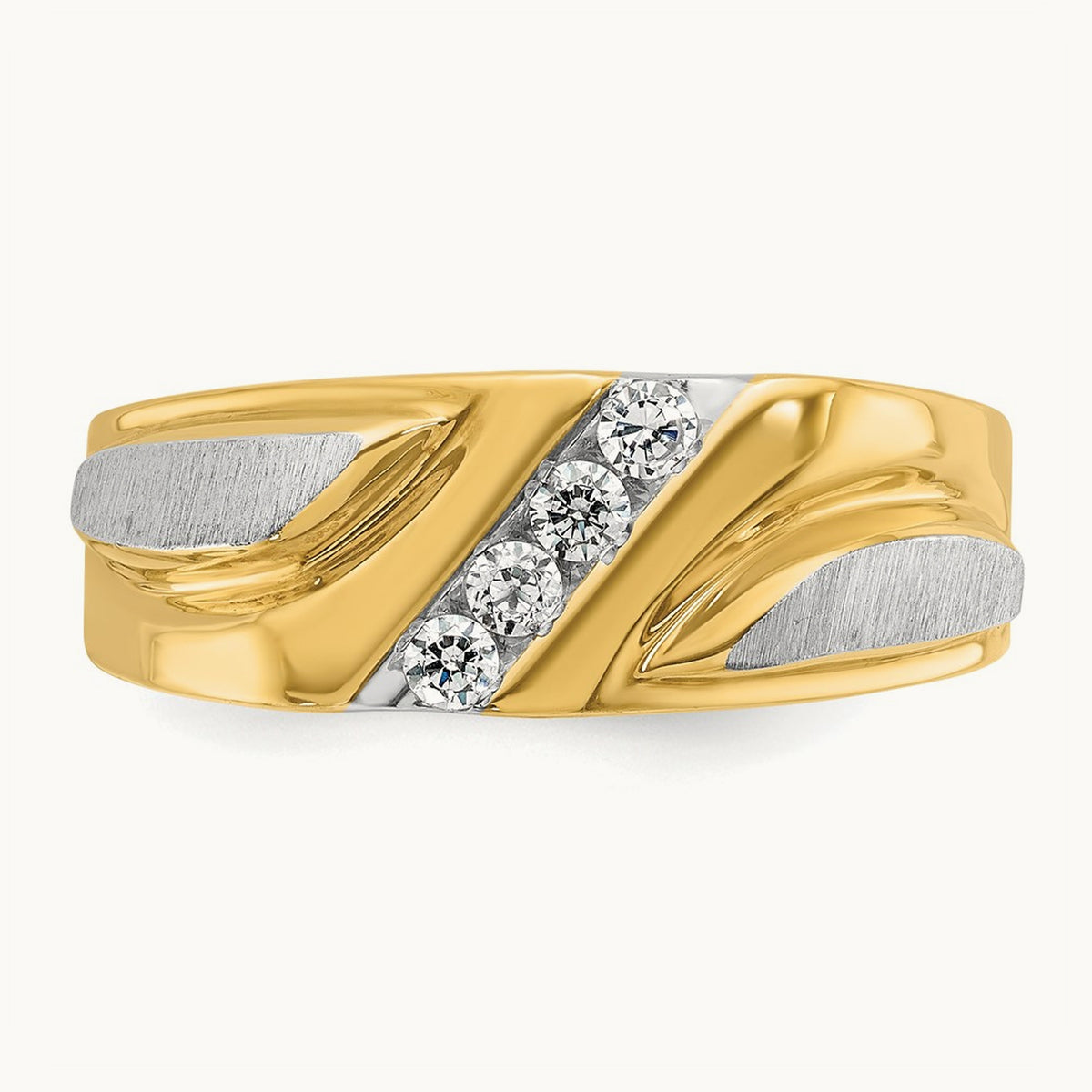 14ktt IBGoodman Men's Polished Satin & Grooved 4-Stone Diamond Ring