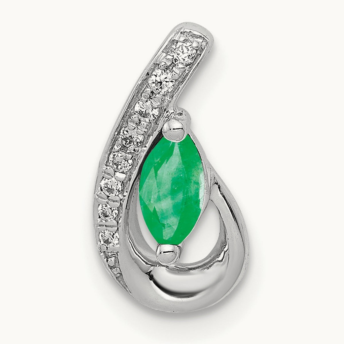 Teardrop Diamond and Emerald Pendant — 14K White Gold