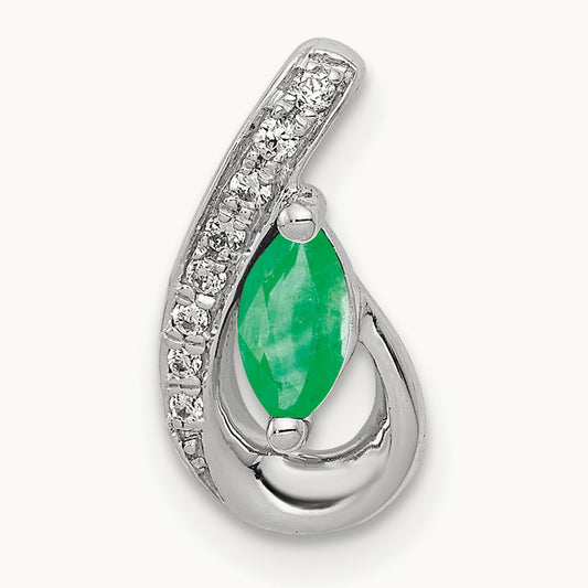 Teardrop Diamond and Emerald Pendant — 14K White Gold