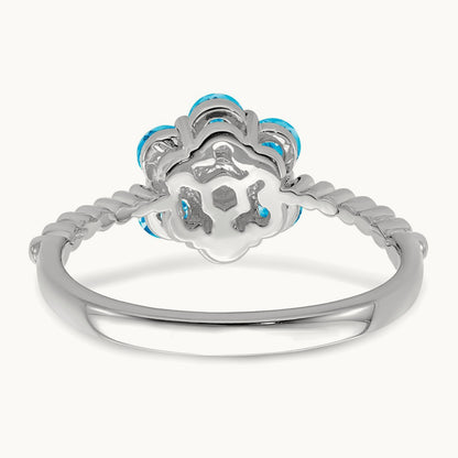 Blue Topaz and Diamond Floral Ring, 14K White Gold