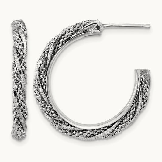 Rhodium-plated Polish/Textured Twisted J-Hoop Post Earrings — 25mm