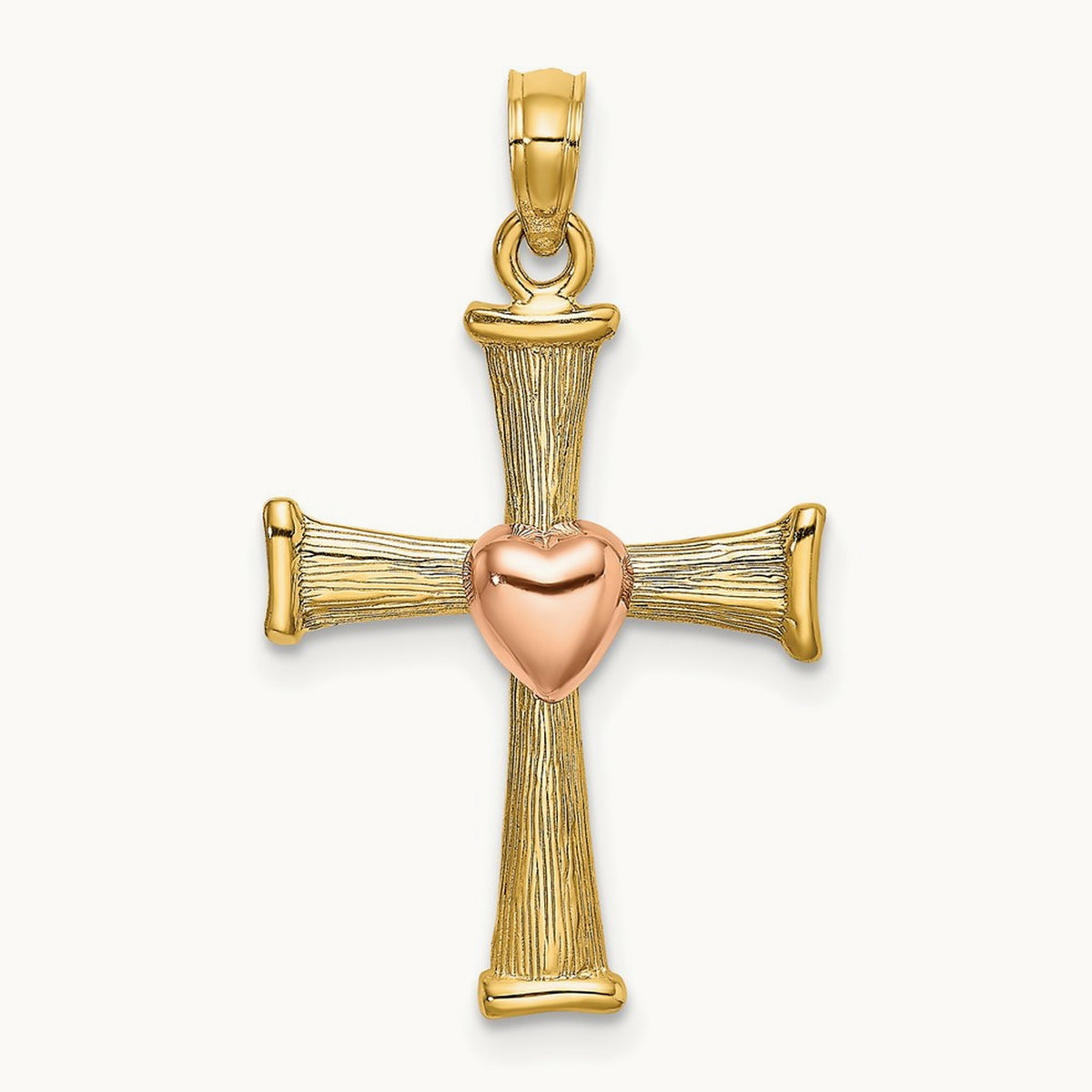 Textured Finish Cross w/ Heart Charm, 14K Two-tone