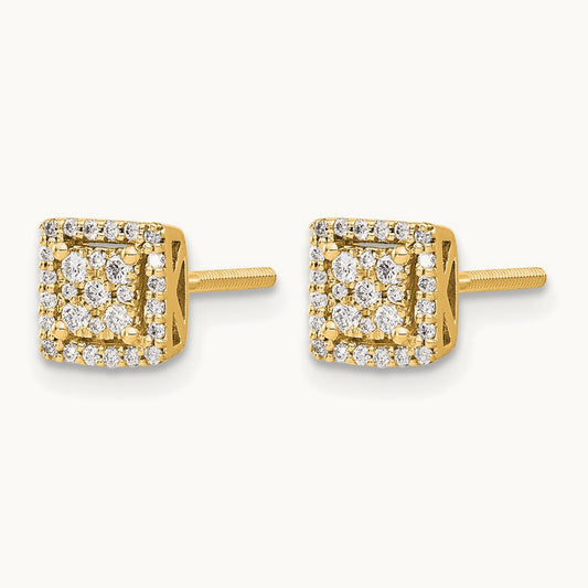 Diamond Square Screw Back Post Earrings, 14K