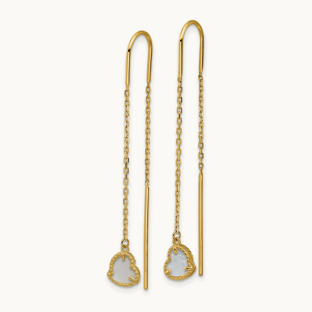 Polished Mother of Pearl Heart Cable Chain Threader Earrings, 14K