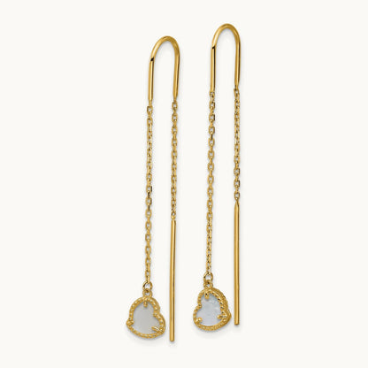 Polished Mother of Pearl Heart Cable Chain Threader Earrings, 14K