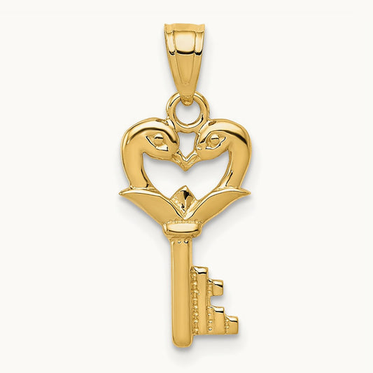Polished Swans Heart Key Charm, 14K