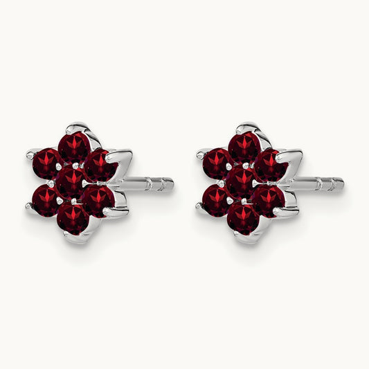 Garnet Floral Post Earrings, 14K White Gold