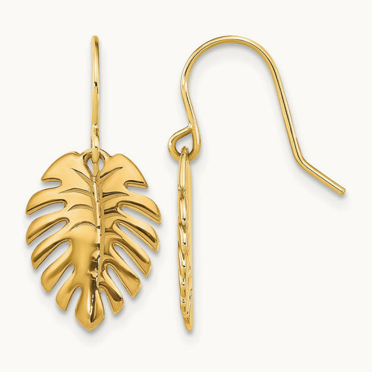 Polished Palm Leaf Dangle Earrings, 14K