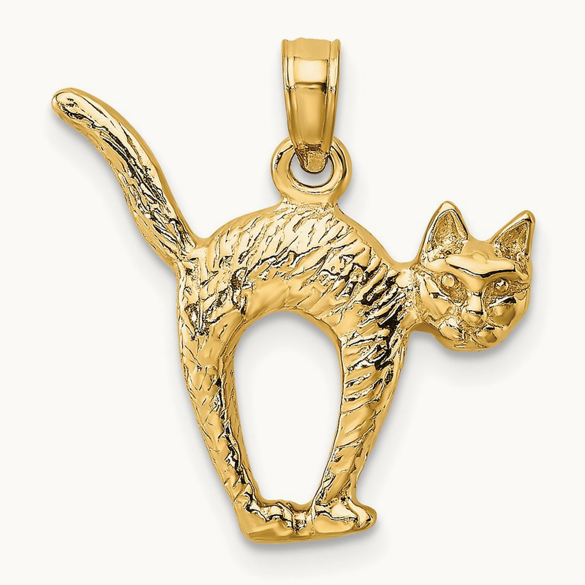 3-D Textured Arch Back and Raised Tail Cat Charm, 14K